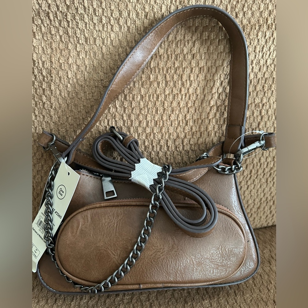 Brown Faux Leather Shoulder or Crossbody Bag with Chain Detail - No Boundaries - Picture 3 of 4